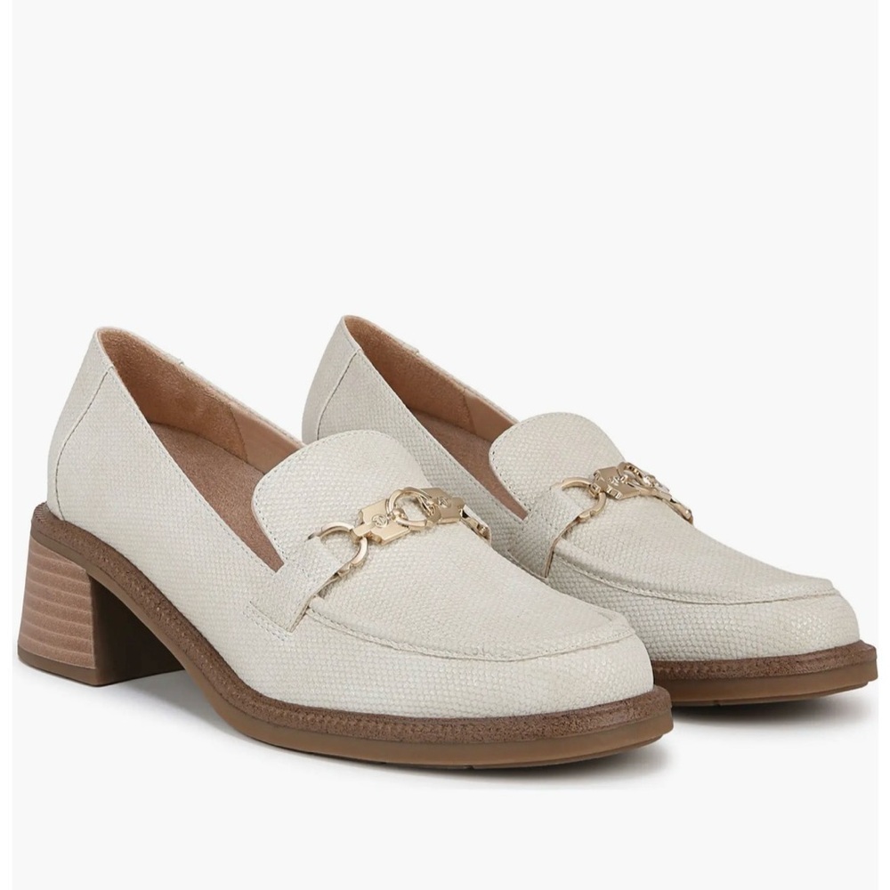 NWT Dr. Scholls 11M Cream 2” Flared Block Heel Loafers Horse Bit Gold Preppy
